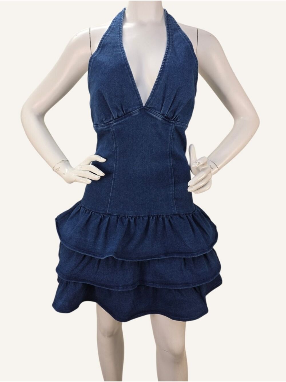 Denim Halter Ruffle Mini Dress Small Dark Wash Story On Coastal Cowgirl NWT